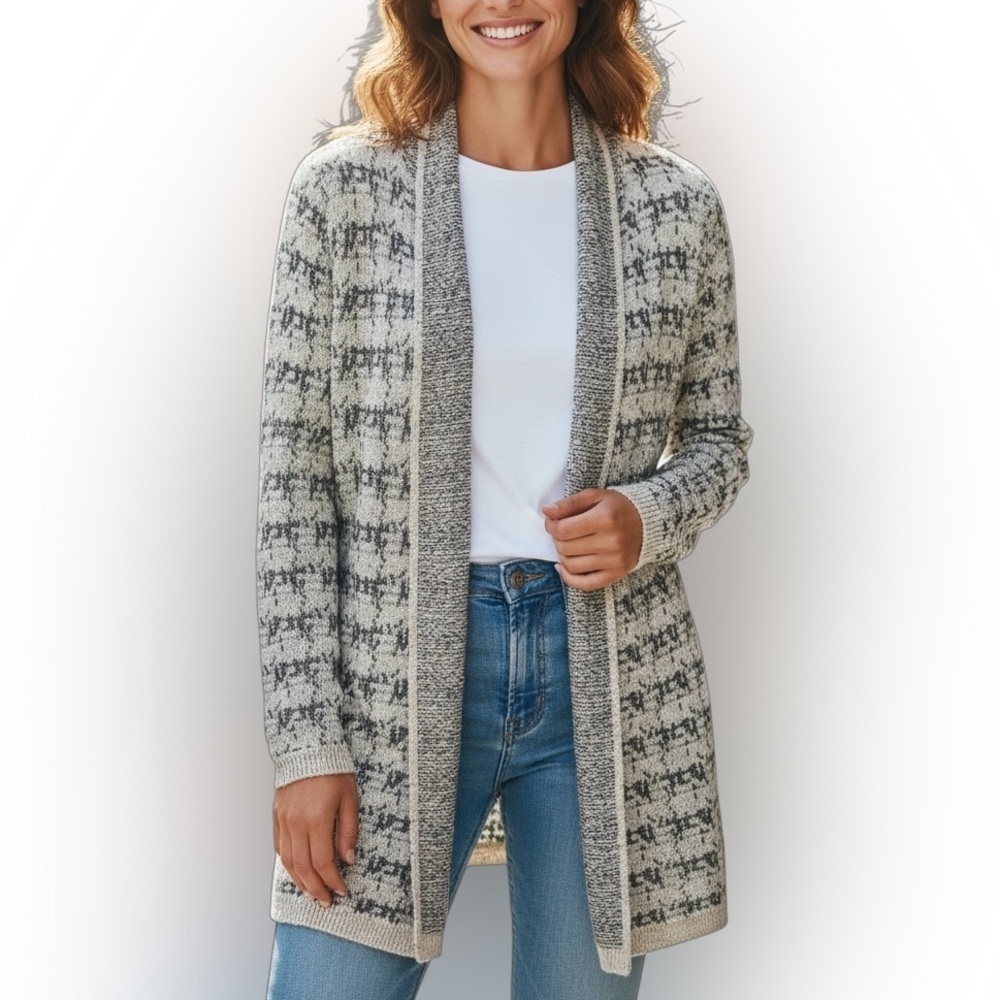 Cynthia Rowley Alpaca Blend Houndstooth Open Front Cardigan Sweater Medium Grey